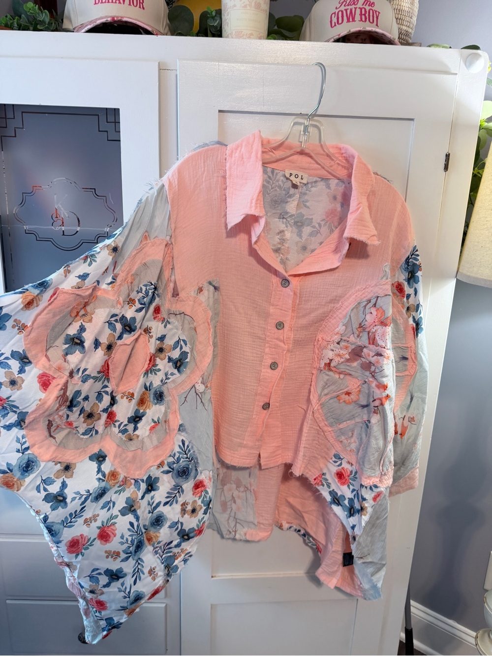 POL Pink Floral Patchwork Button-Up Top